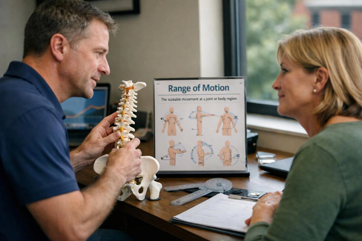 A man shows a spine model to a woman across a desk, with a range of motion chart behind them