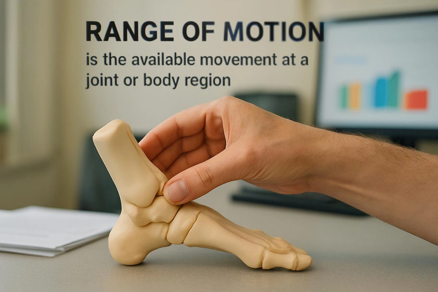 A hand bends a foot model beside text defining range of motion on a desk in a clinic setting