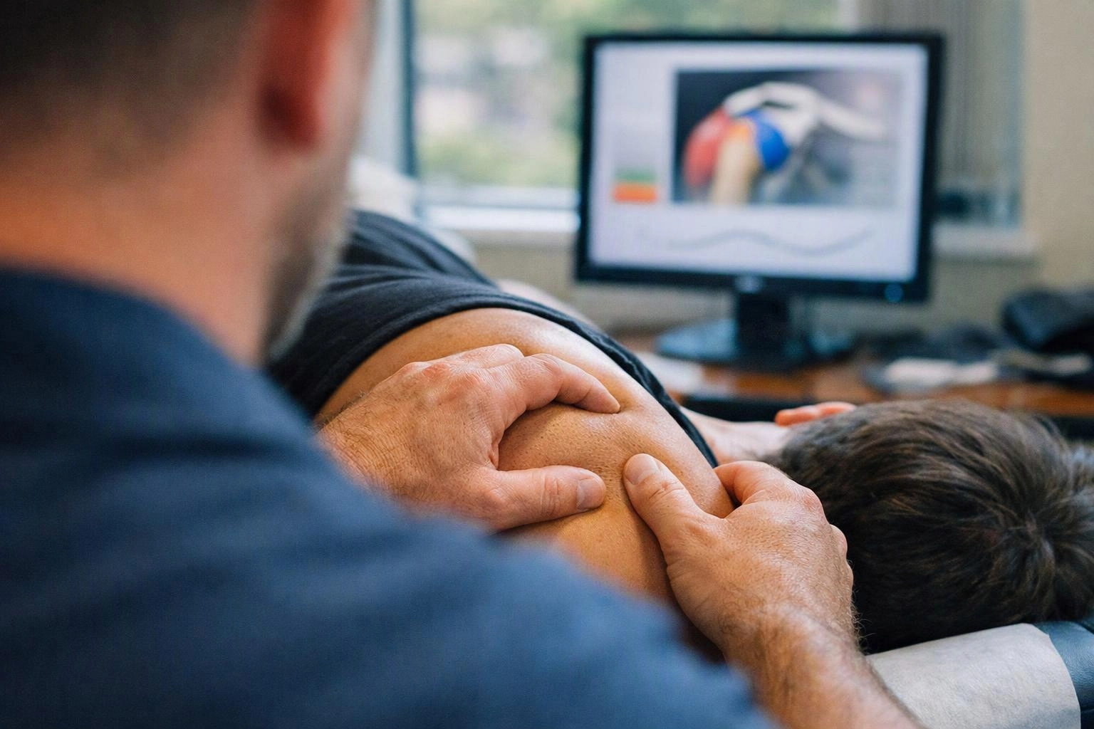 A therapist presses a client’s shoulder during a treatment session, with a computer monitor blurred in the background