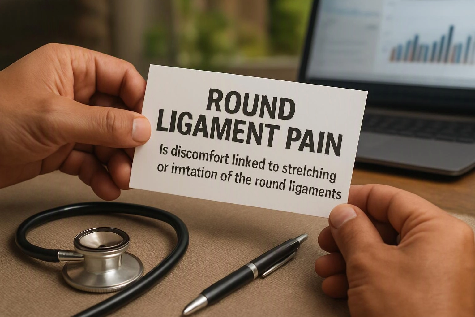 Hands hold a medical card about round ligament pain above a stethoscope, pen, and laptop on a desk