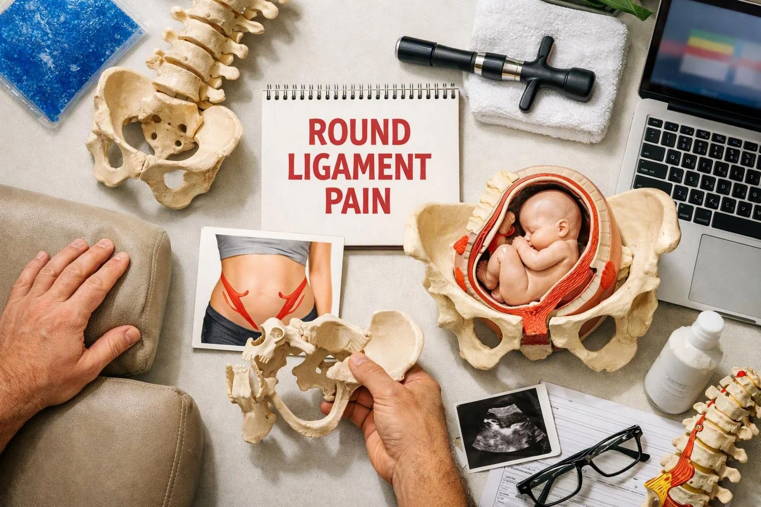 A medical desk shows pelvis models, pregnancy diagrams, a notebook reading "ROUND LIGAMENT PAIN," and a laptop nearby