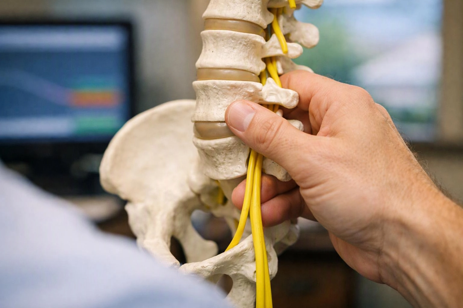 A hand holds a spine model with yellow nerves in a blurred medical office setting