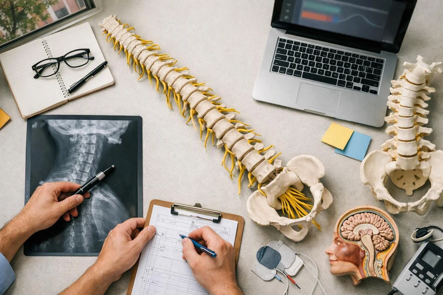 Medical tools and anatomy models surround hands examining an X-ray and filling out a clipboard on a desk