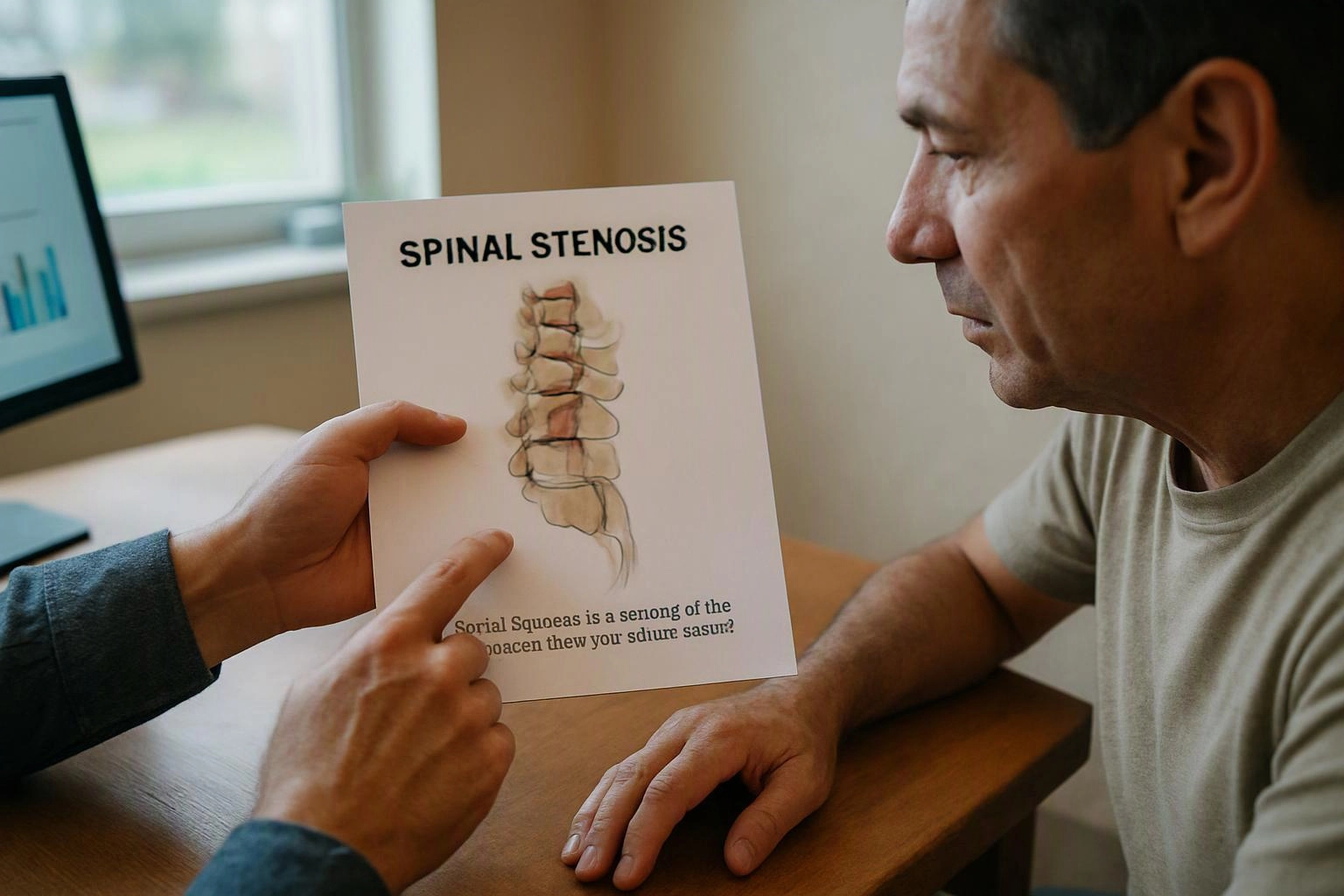 A doctor points to a spine diagram labeled "SPINAL STENOSIS" while a man listens at a desk