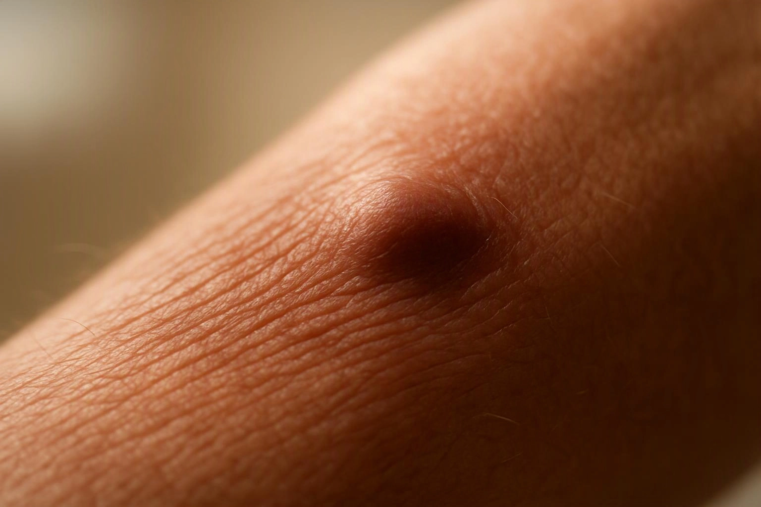 A close-up of a small raised bump on human skin, lit by warm soft light