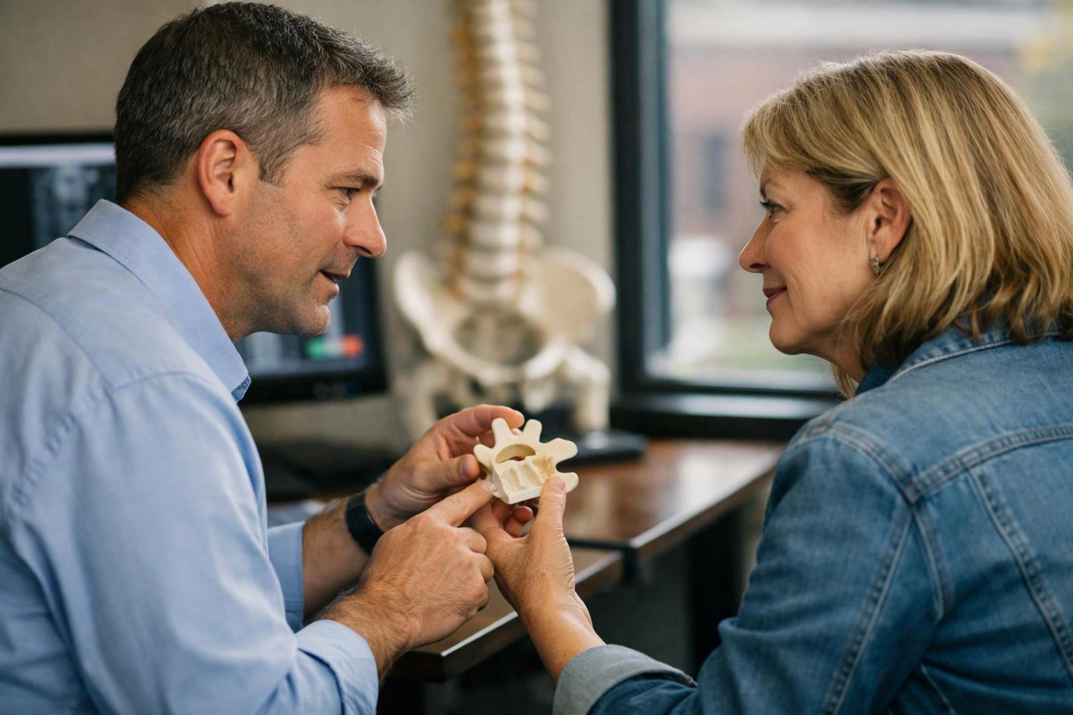 A man and woman examine a small spine model in a bright office with a larger spine display behind them