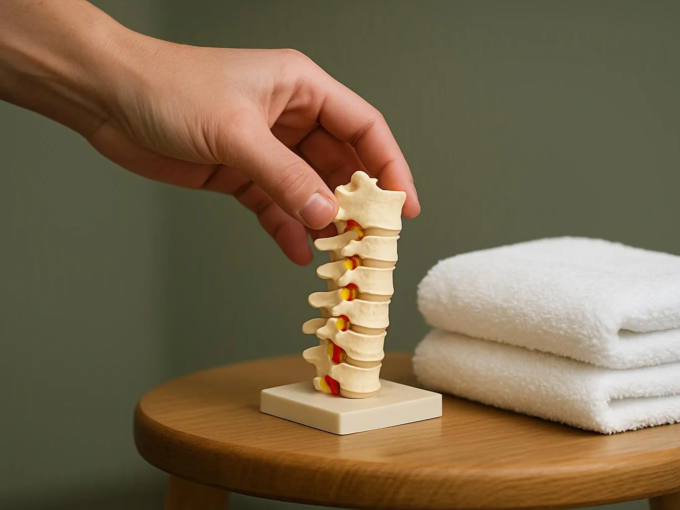 A hand adjusts a small spine model beside folded white towels on a wooden table