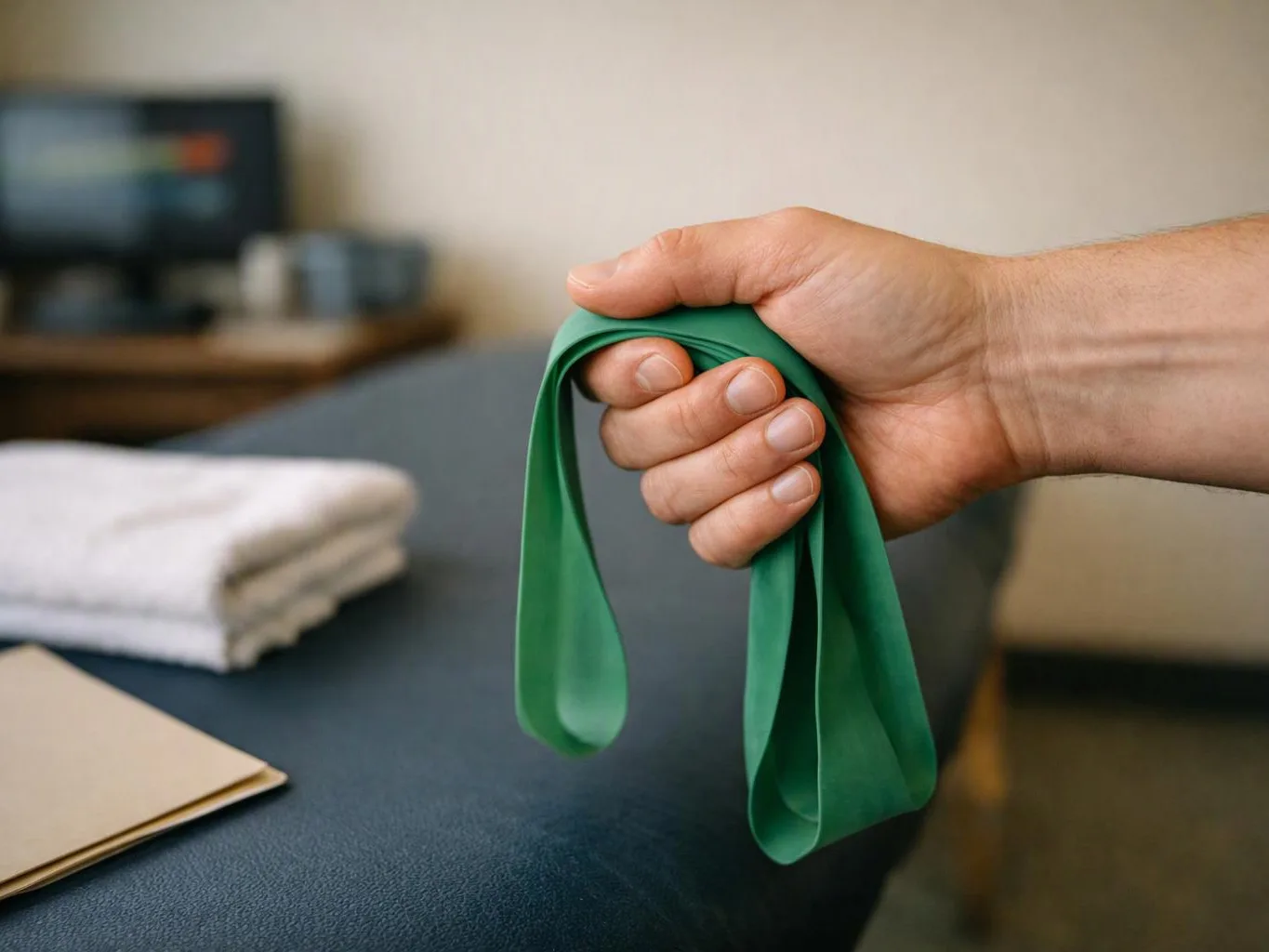 A hand holds a green resistance band above a massage table with folded towels and papers nearby