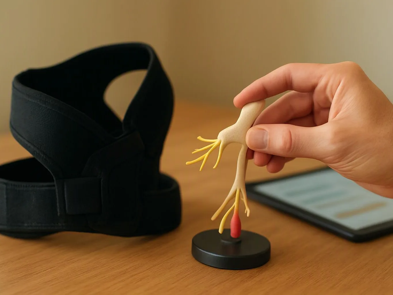 A hand holds a small anatomical model above a black base beside a folded black strap and a tablet on a wooden table