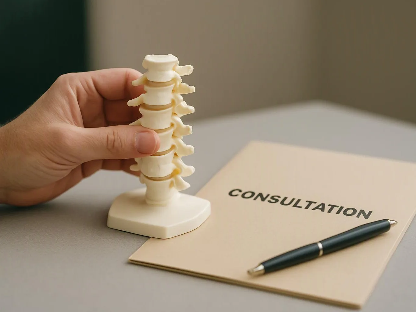 A hand holds a small spine model beside a folder labeled “CONSULTATION” and a pen on a table