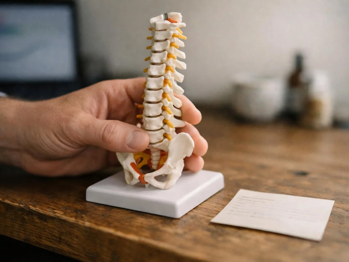 A hand holds a small spine model on a table beside a blurred card