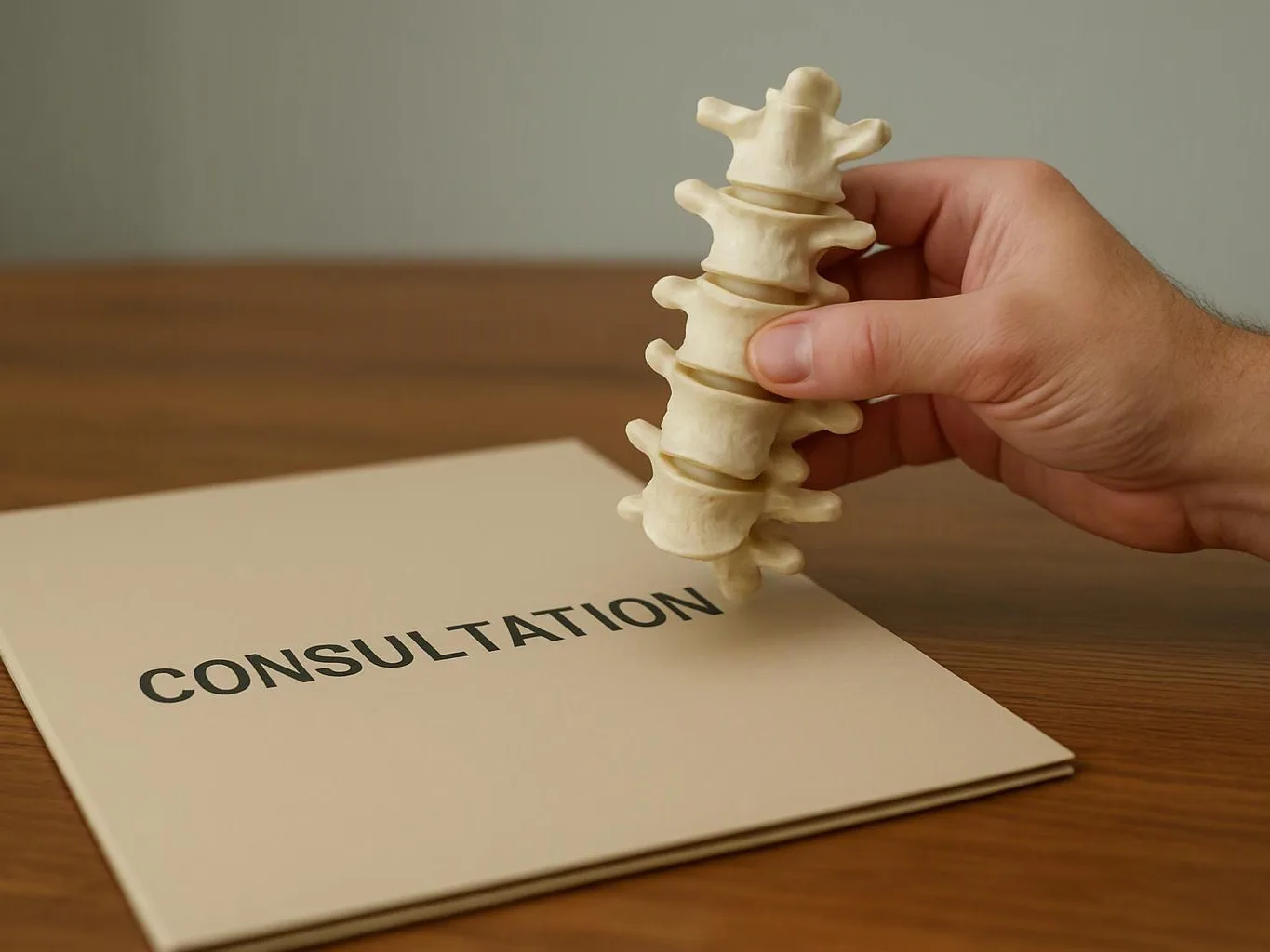 A hand holds a spine model above a folder labeled "CONSULTATION" on a wooden table