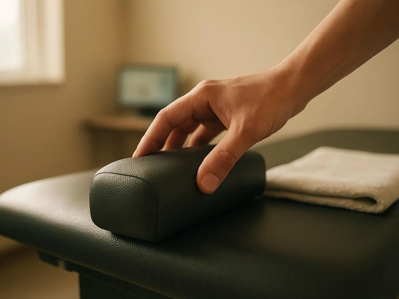 A hand places a black foam block on a padded massage table in a softly lit room