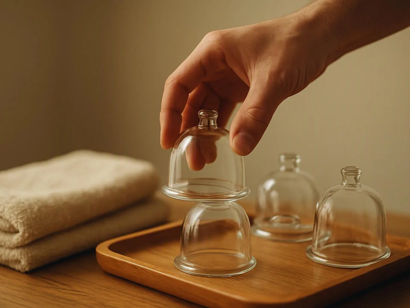 A hand places a glass cup over another on a wooden tray beside folded towels