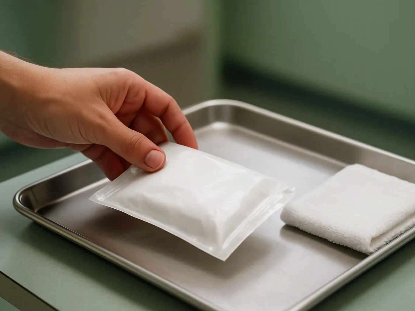 A hand places a sealed white packet on a metal tray beside a folded white towel in a clean room