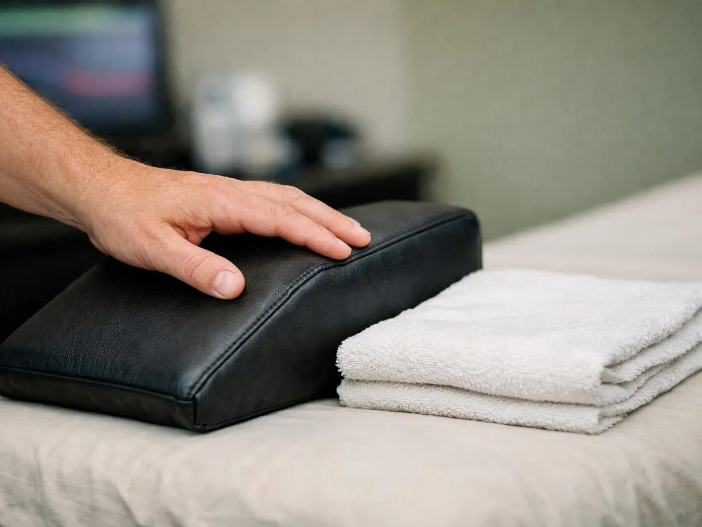 A hand rests on a black padded arm support beside folded white towels on a treatment table