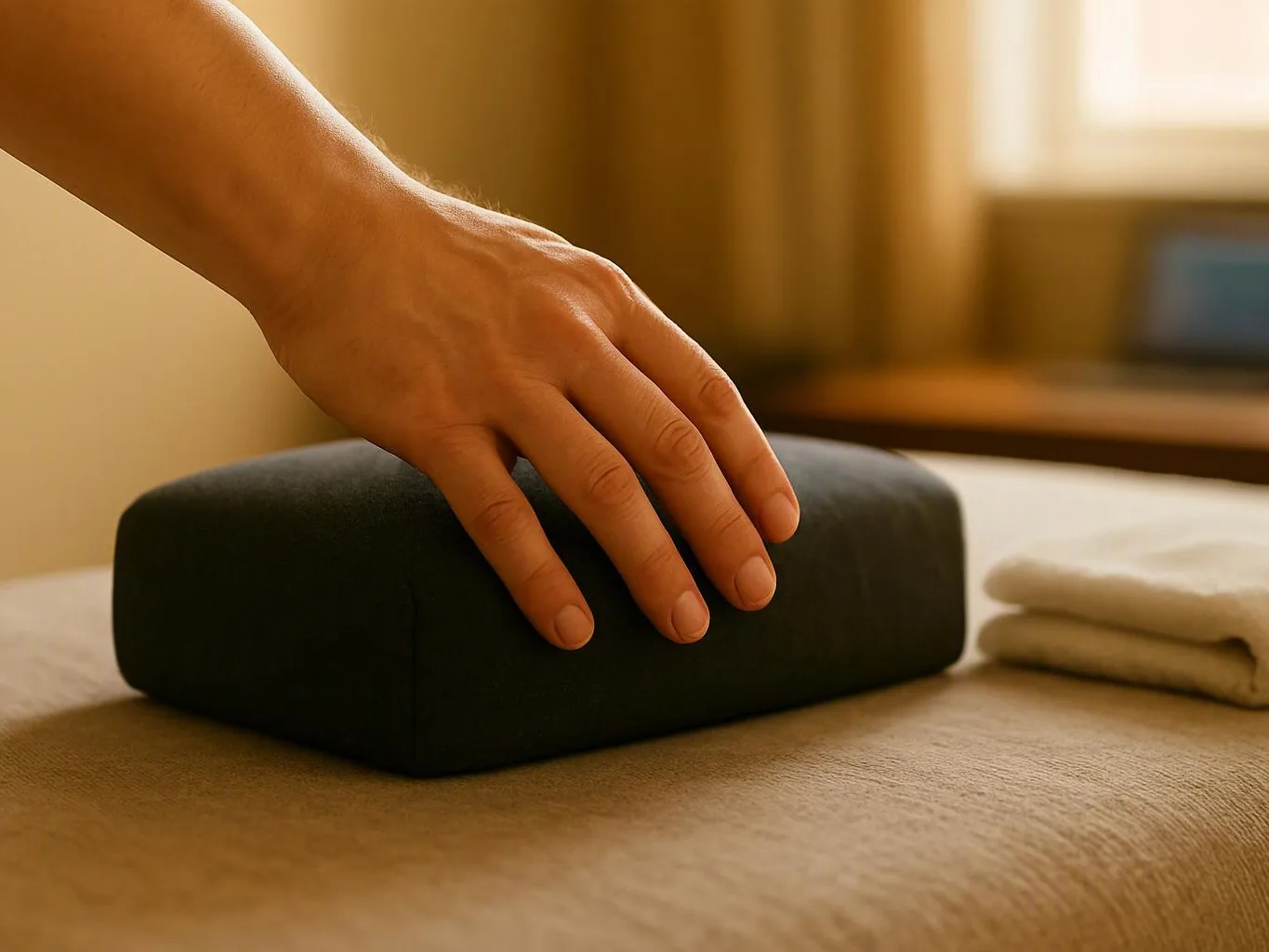 A hand rests on a black yoga block beside folded towels on a massage table