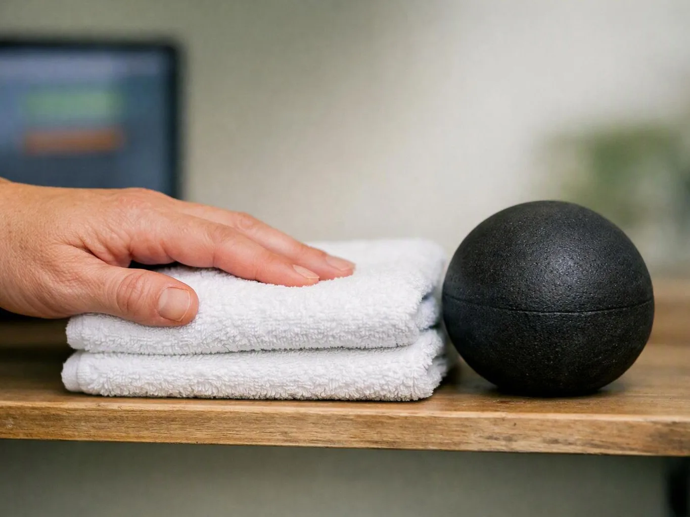 A hand rests on folded white towels beside a black massage ball on a wooden shelf