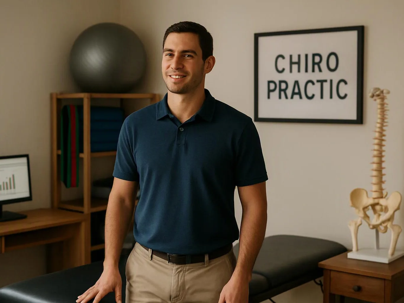 A smiling man stands in a chiropractic exam room beside a treatment table and spine model