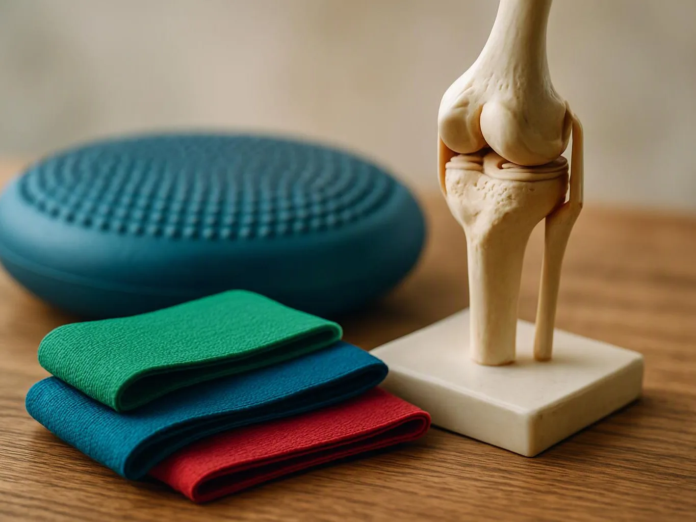 A knee joint model stands beside a balance cushion and folded resistance bands on a wooden table
