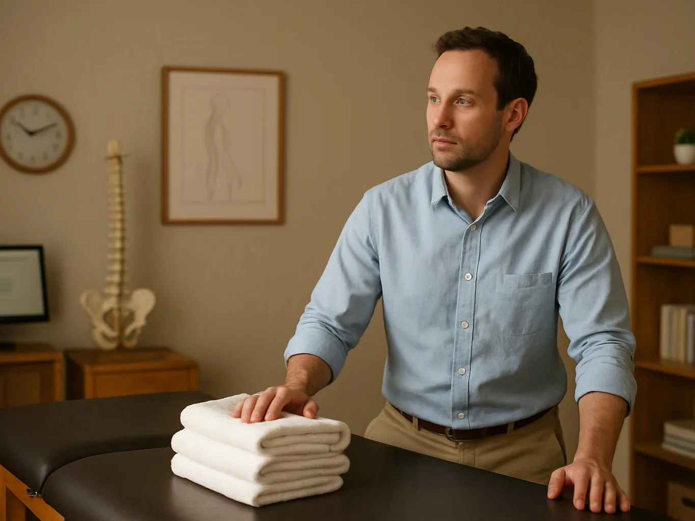 A man in a blue shirt stands beside a table with folded towels in a treatment room