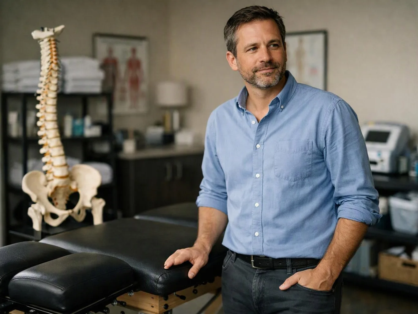 A man in a blue shirt stands beside a treatment table in a medical exam room with a spine model nearby