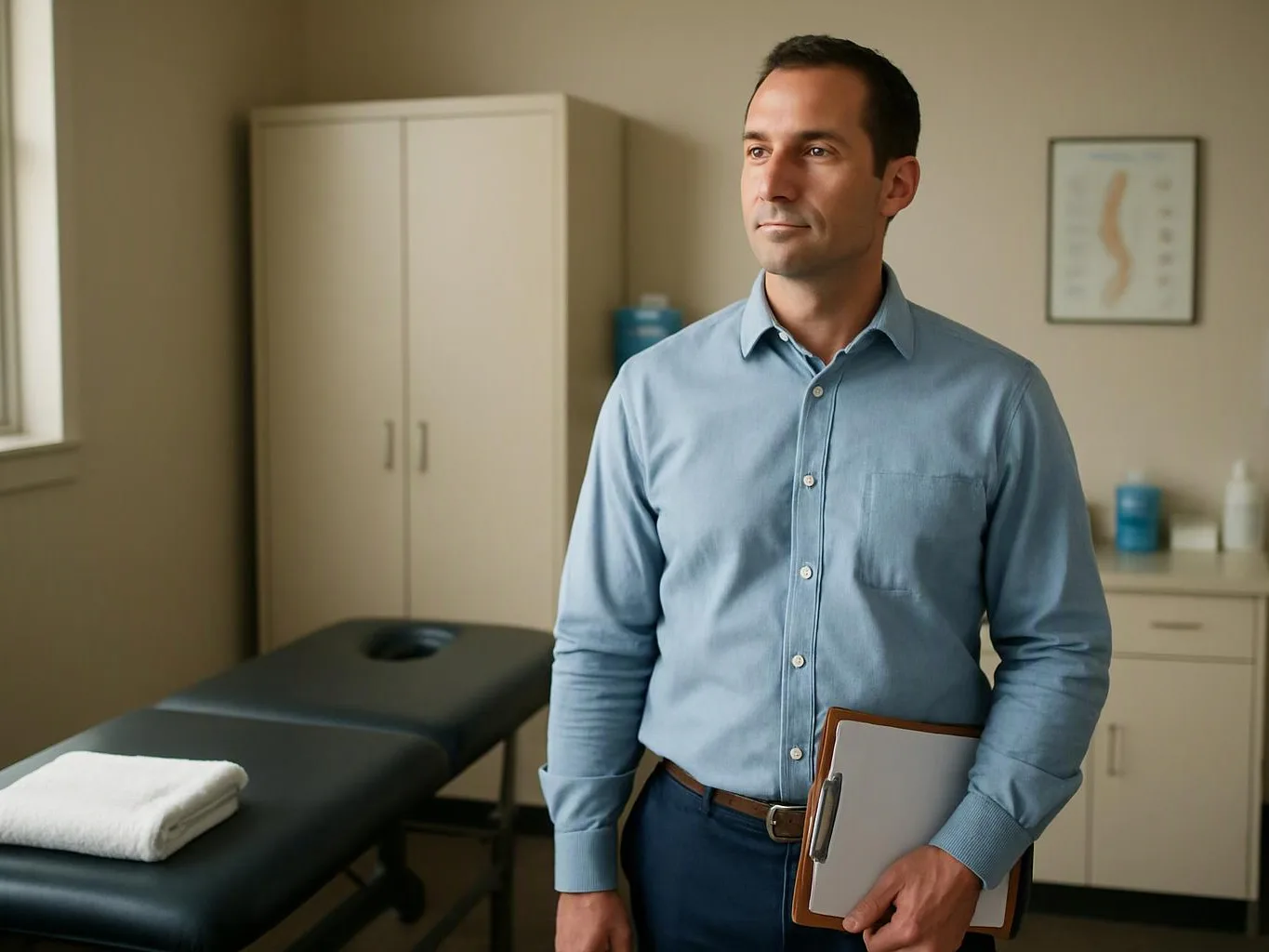 A man in a blue shirt stands in a medical exam room holding a clipboard