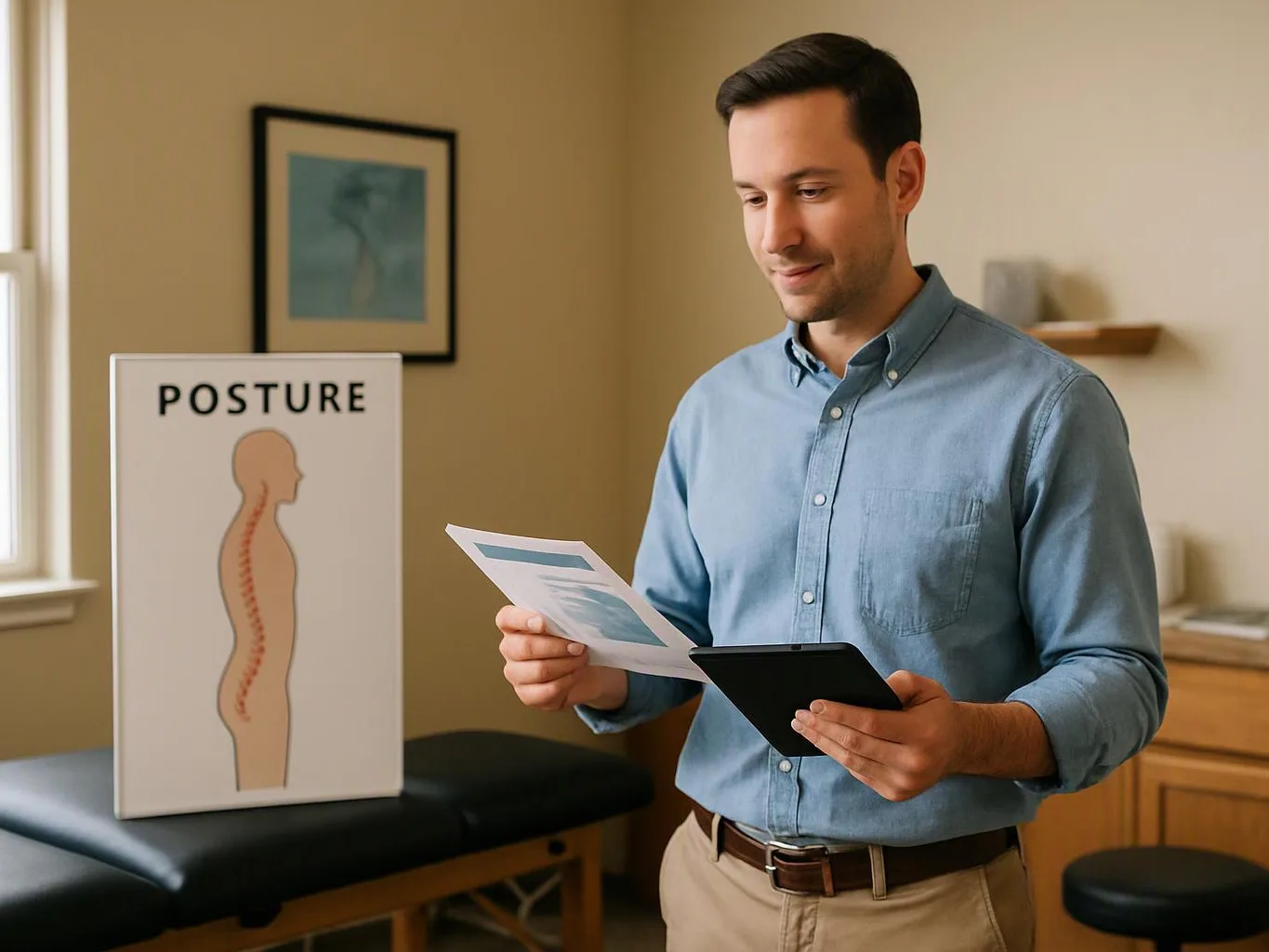 A man in a blue shirt studies papers beside a posture chart in a small exam room