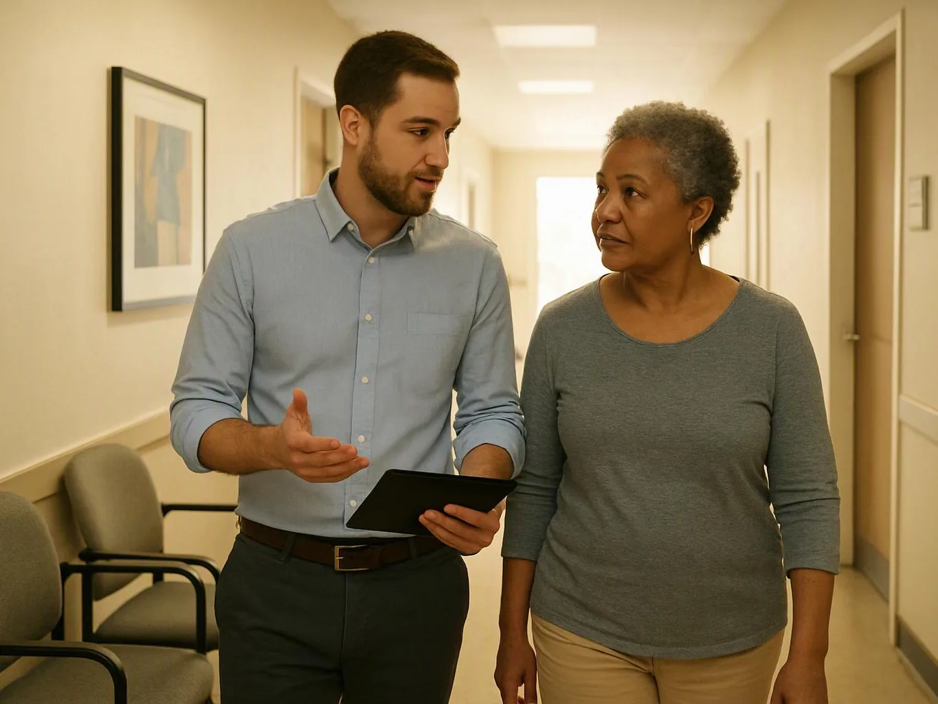 A man holding a tablet talks with an older woman while walking down a bright hallway