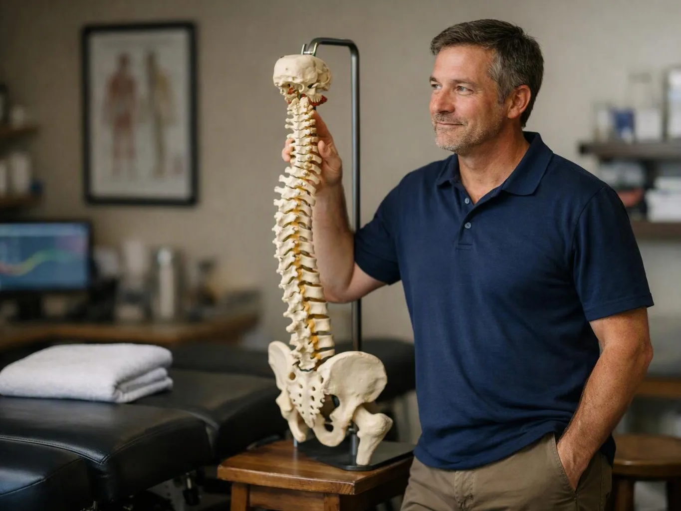 A man in a navy polo stands beside a spine model in a clinic room