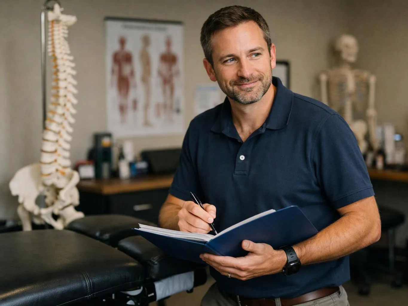 A man in a navy polo writes in a blue notebook beside a spine model in a clinic room