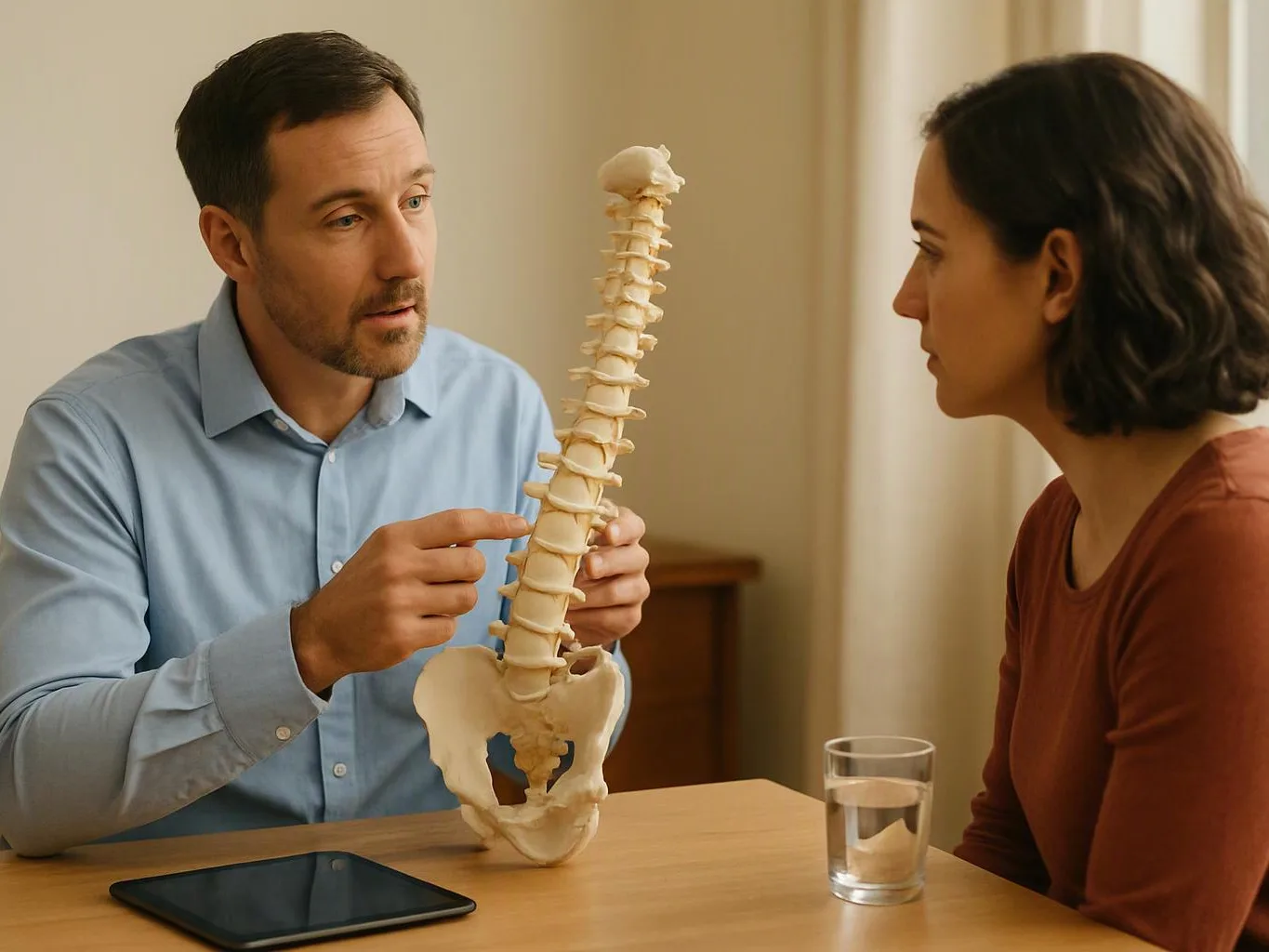 A man points to a spine model while talking with a woman across a table indoors