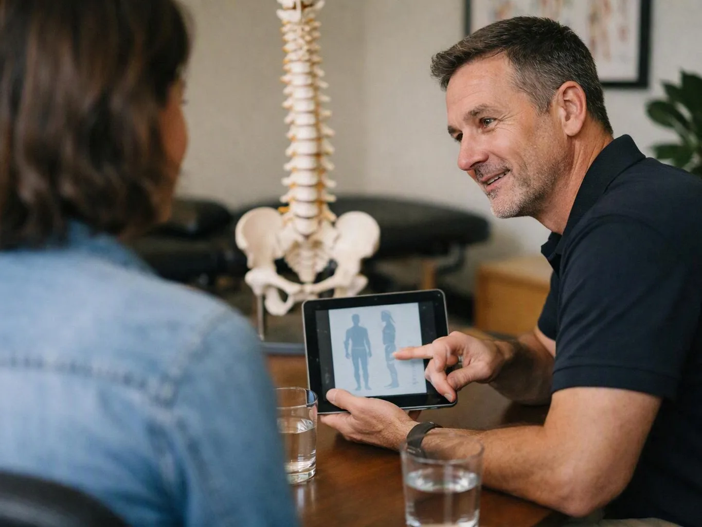 A man points at a tablet showing body silhouettes while talking across a table in a clinic room