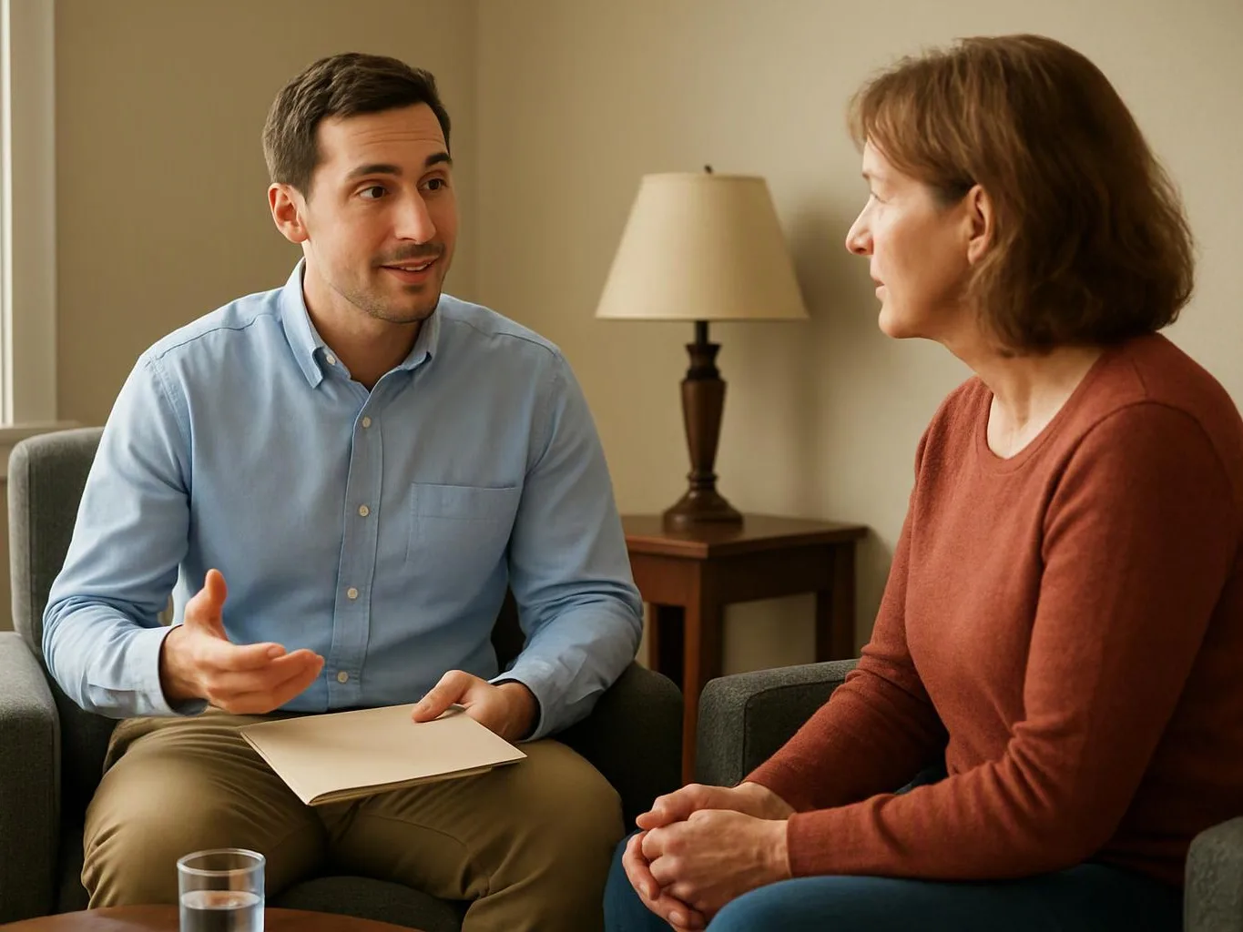 A man speaks with a seated woman in a living room, holding papers beside a lamp and table