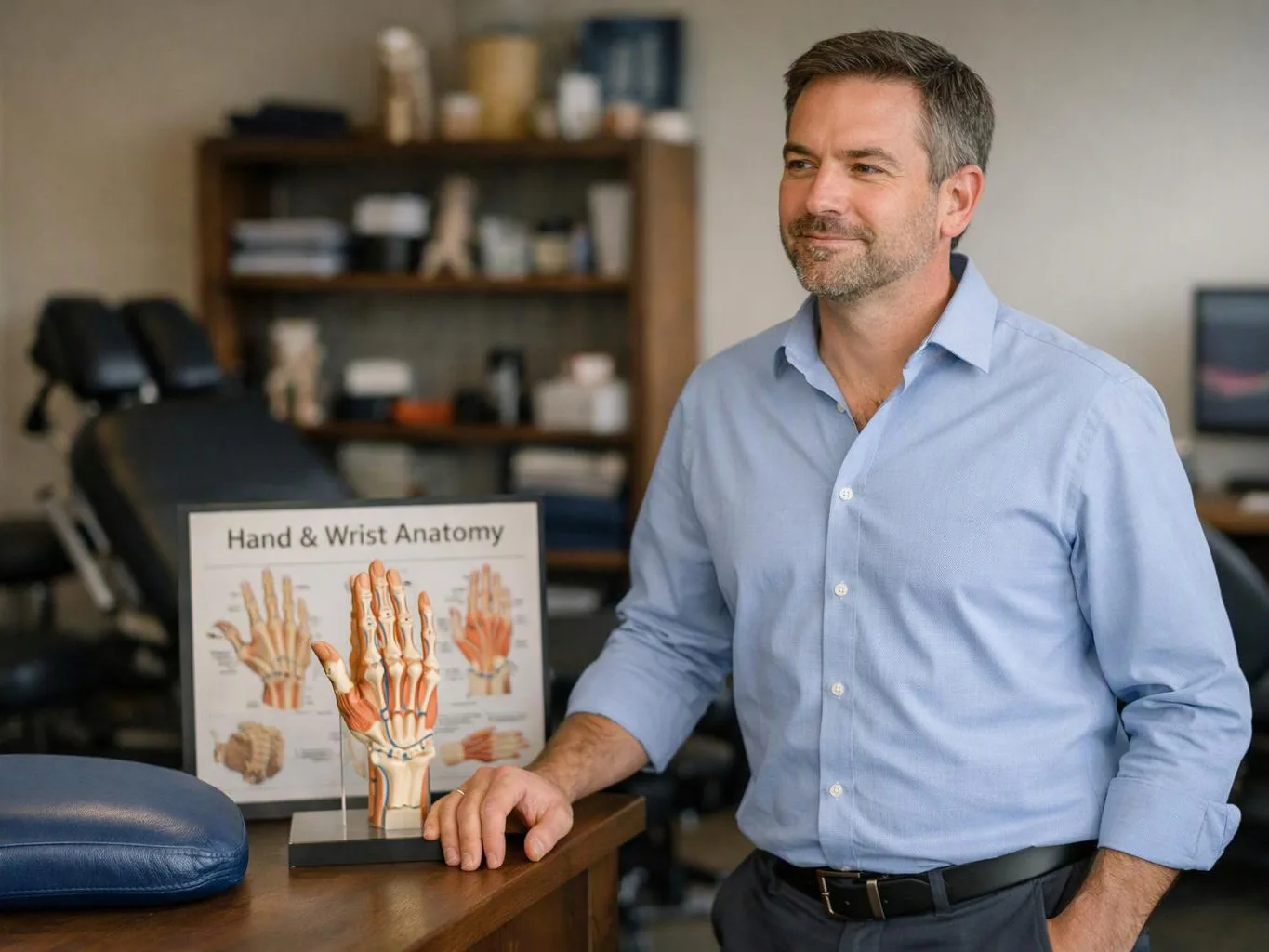 A man stands beside a hand anatomy model and chart in a clinic room
