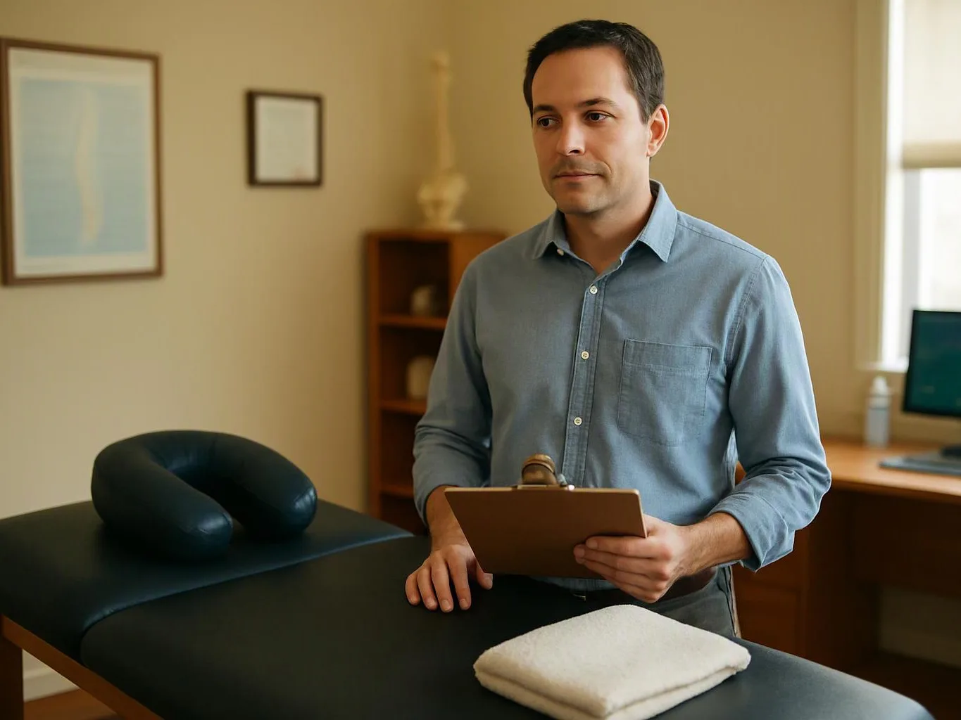 A man stands beside a massage table, holding a clipboard in a quiet treatment room