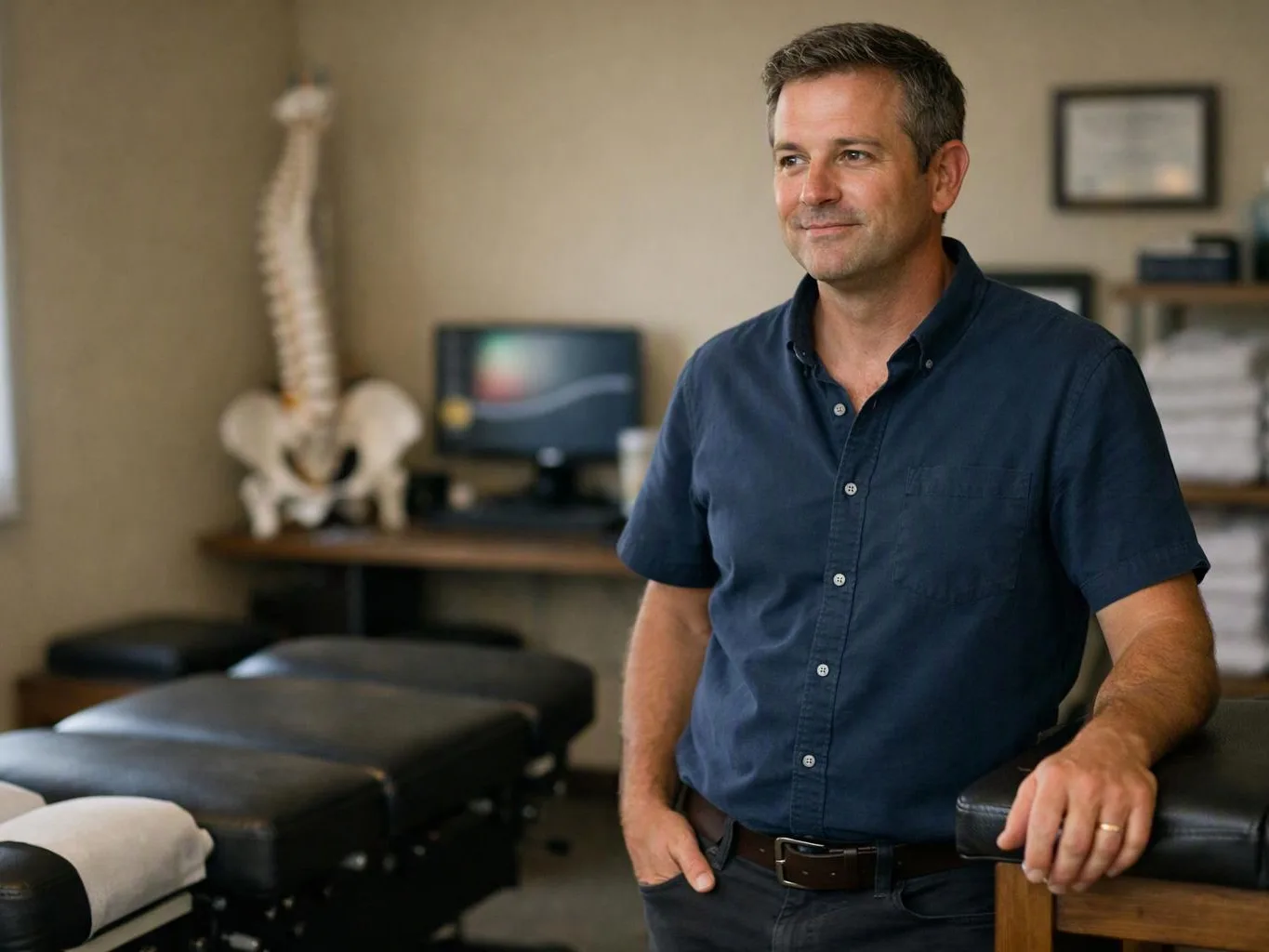 A man stands in a clinic room beside black treatment tables, with a spine model and computer behind him