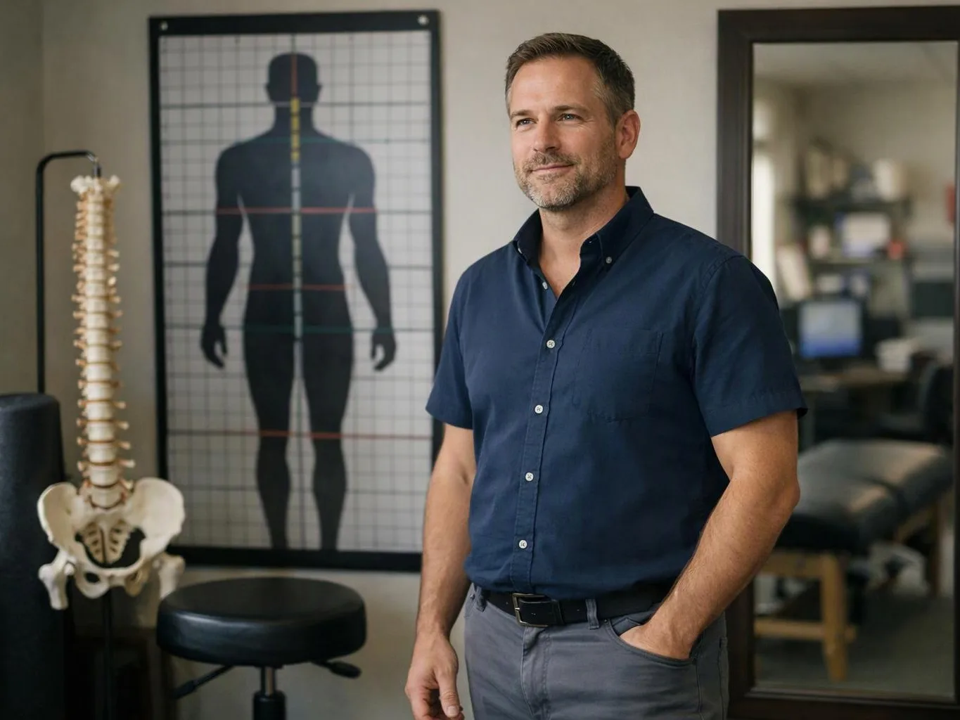 A man stands in a treatment room beside a spine model and anatomy poster, with a therapy table behind him