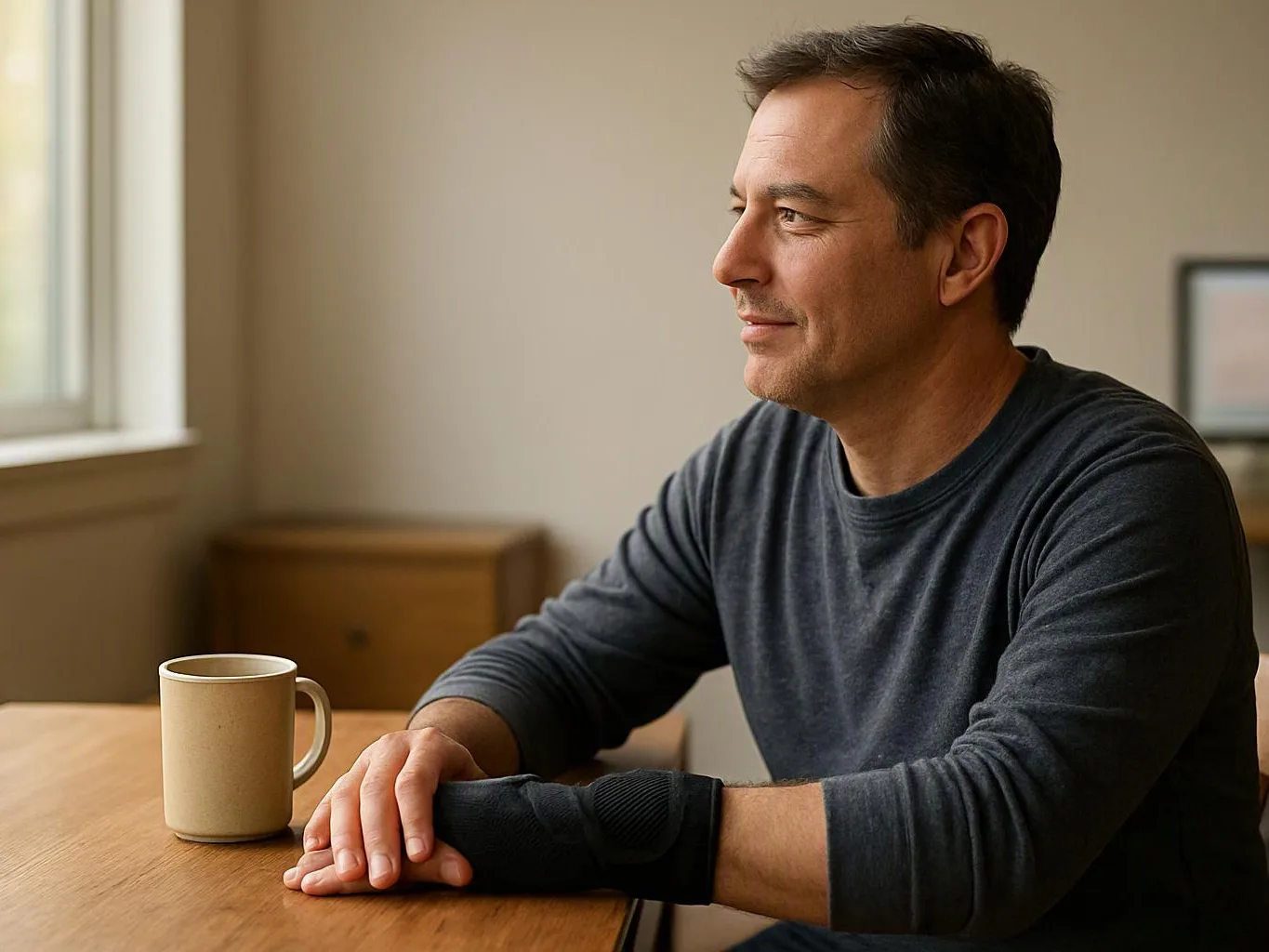 A man with a wrist brace sits at a wooden table beside a mug, looking out a window in a quiet room