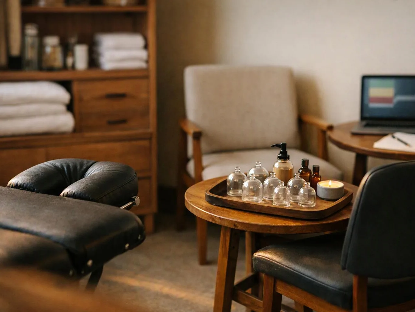 A massage room shows a treatment table, chairs, a wooden shelf, and a tray of cups and bottles on a table