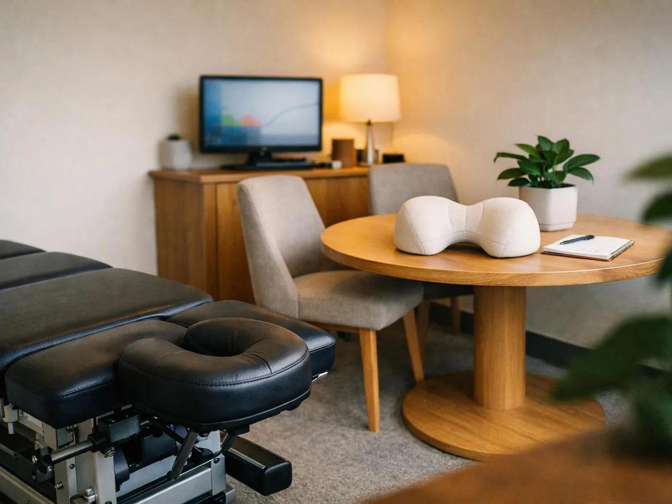 A massage table and round wooden table sit in a calm room with chairs, a lamp, a plant, and a TV