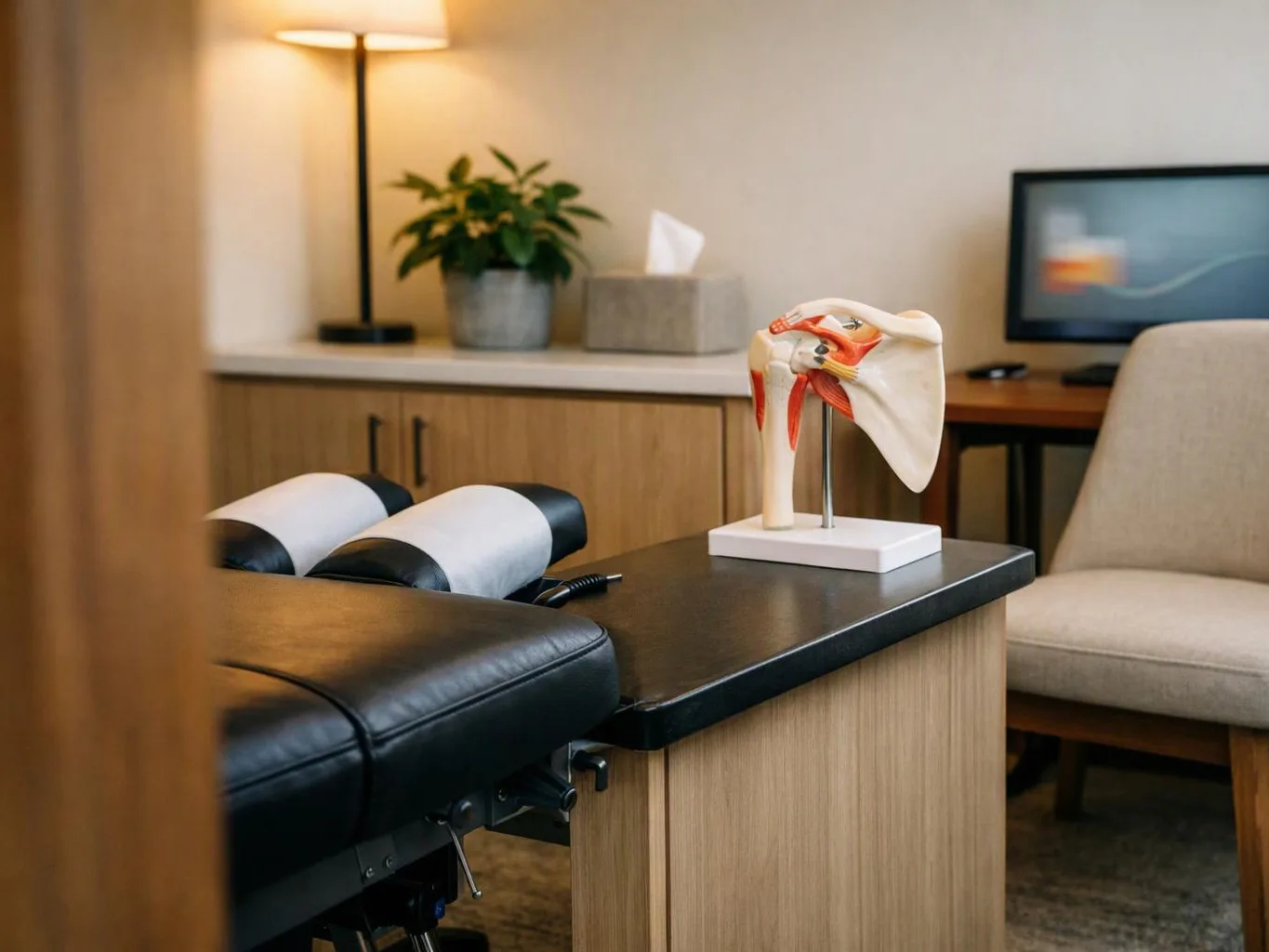 A medical exam room shows a treatment table, an anatomical shoulder model, a lamp, and a chair