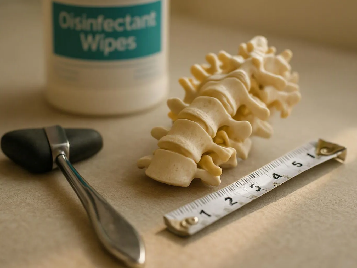 A model spine, a reflex hammer, a measuring tape, and disinfectant wipes sit on a tabletop