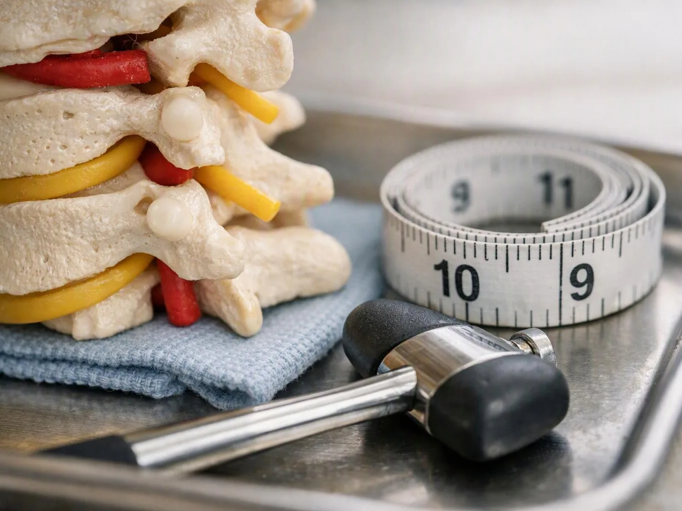 A model spine sits beside a coiled measuring tape and a small hammer on a metal tray