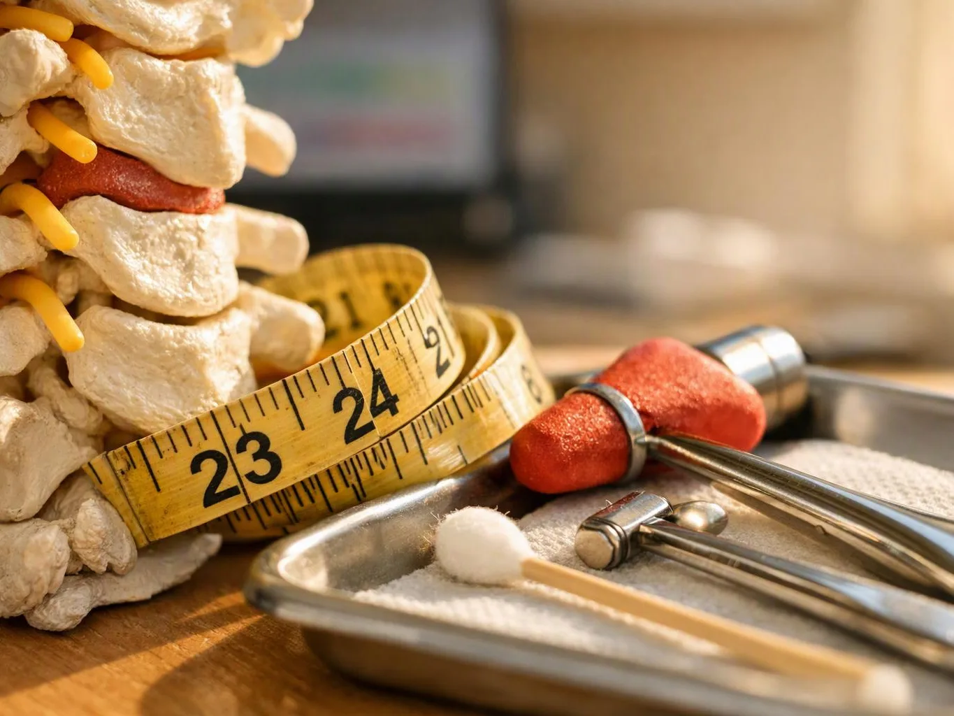 A model spine with a tape measure, cotton swabs, and metal tools sits on a table