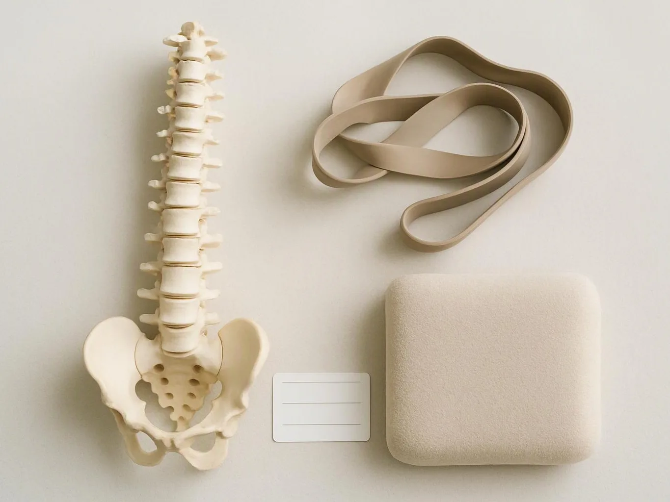 An overhead view shows a spine model, a beige strap, a cushioned block, and a small blank card on a light surface