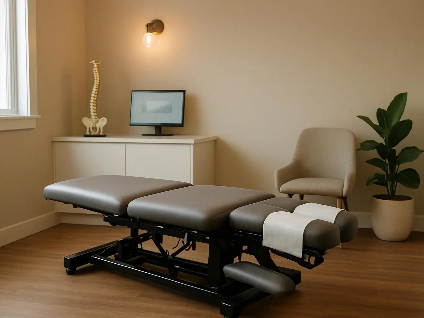 A padded treatment table sits in a calm room with a chair, monitor, lamp, plant, and spine model