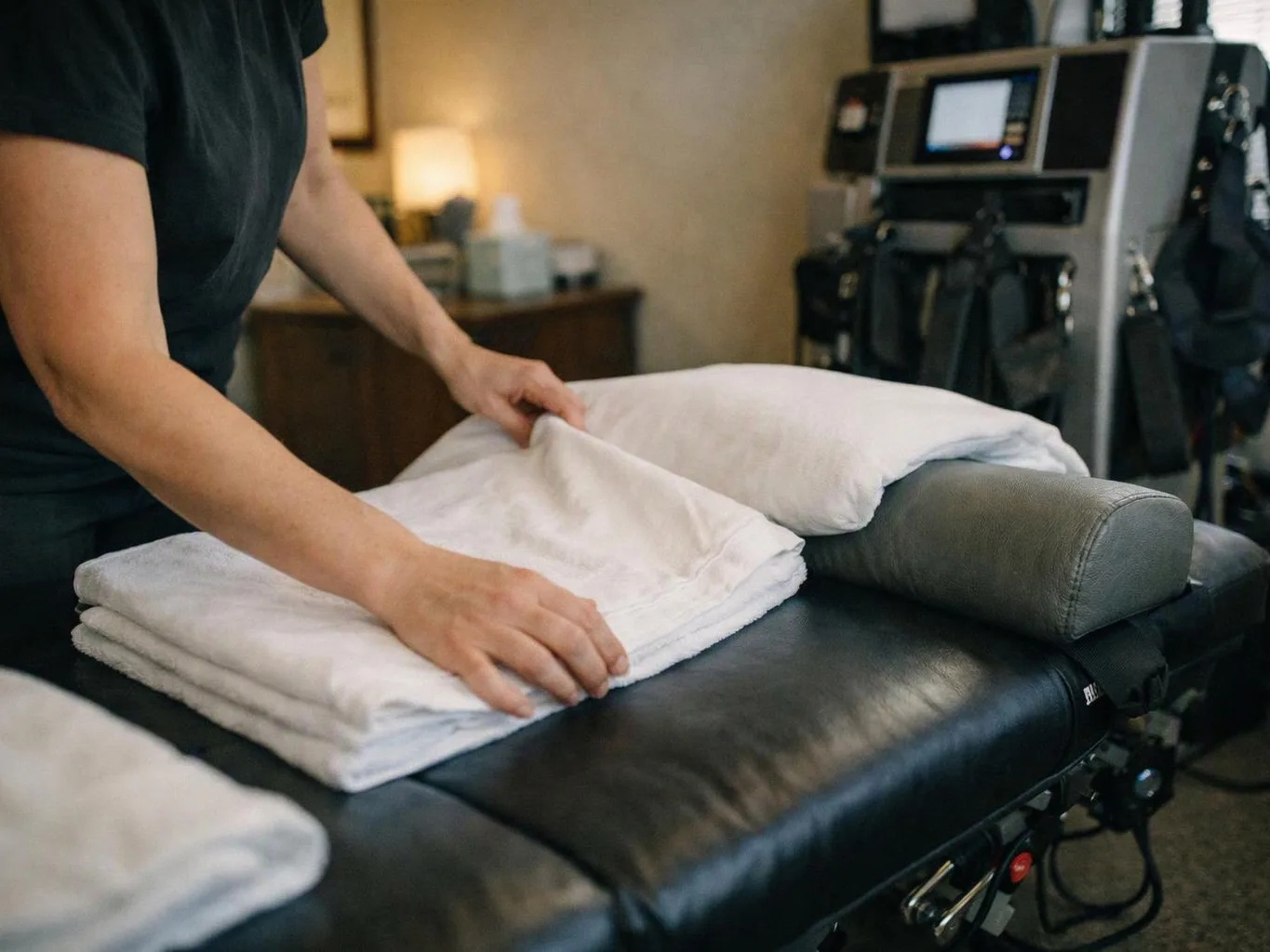 A person folds white towels on a black treatment table in a quiet room