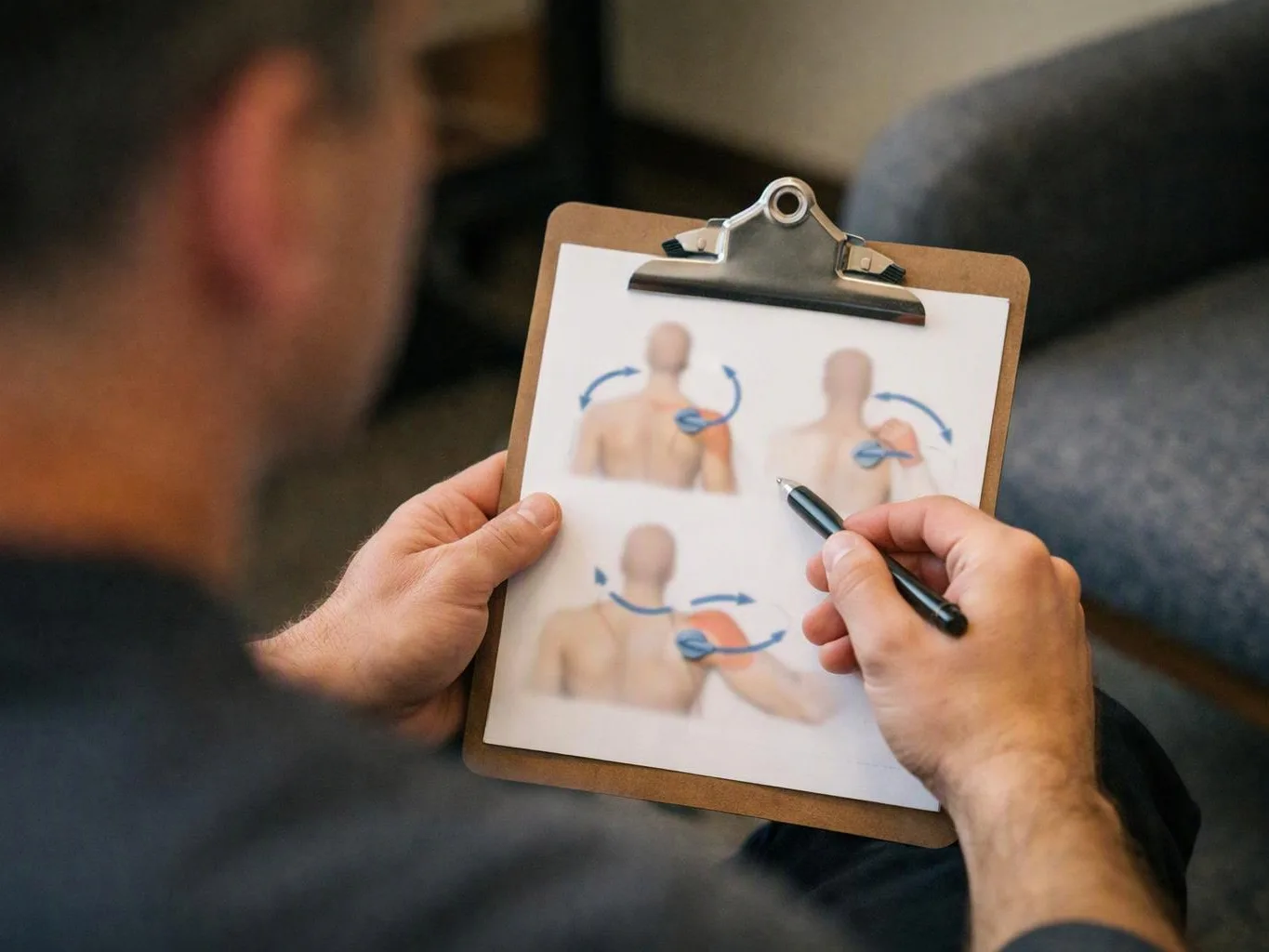 A person holds a clipboard with shoulder exercise diagrams and points with a pen in a living room