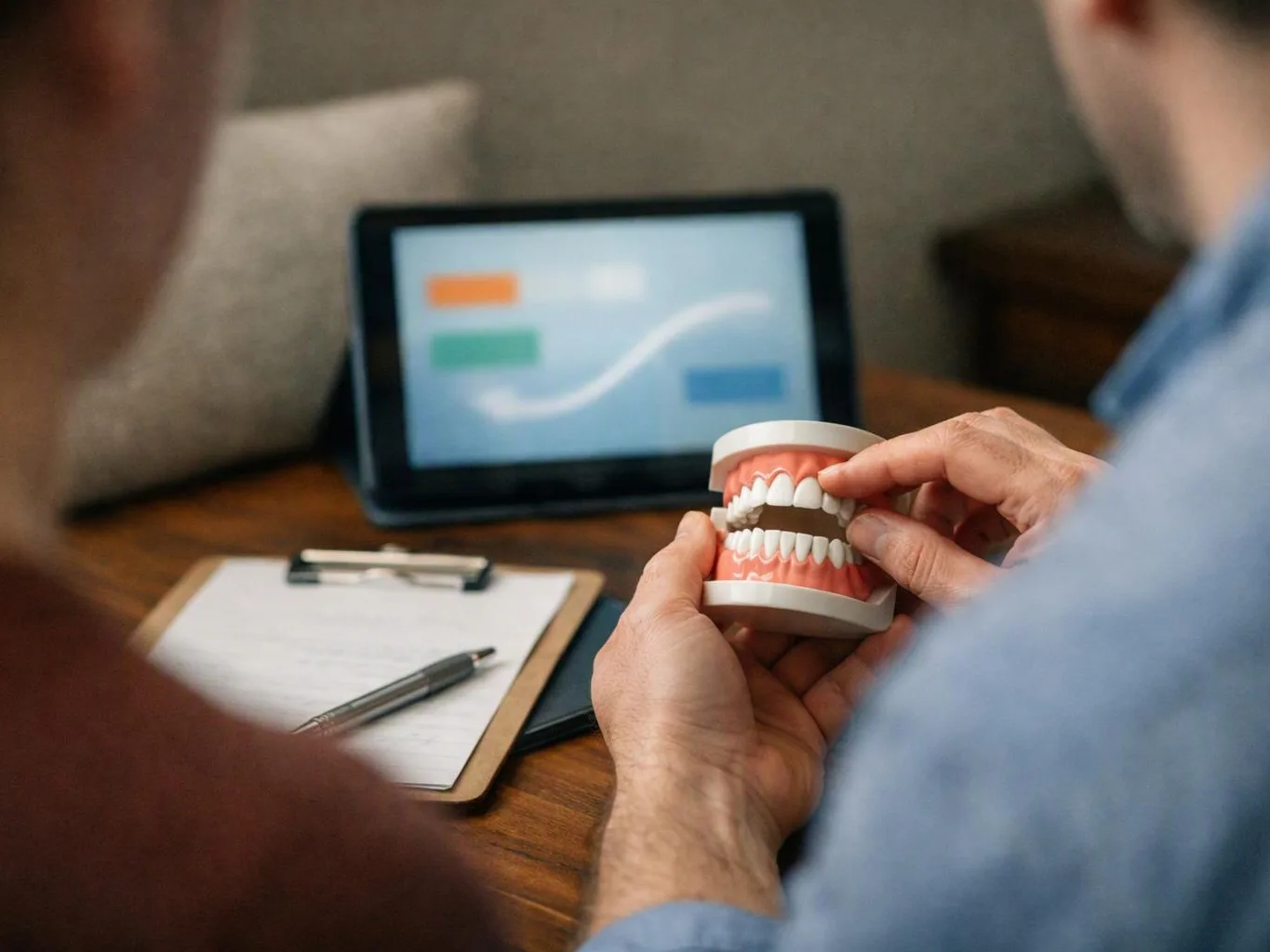 A person holds a dental model and points at the teeth while a tablet sits on the table behind it